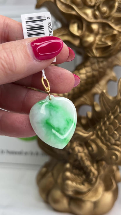 14K Yellow Gold White and Green Jadeite Jade Heart Pendant | UPC #395930