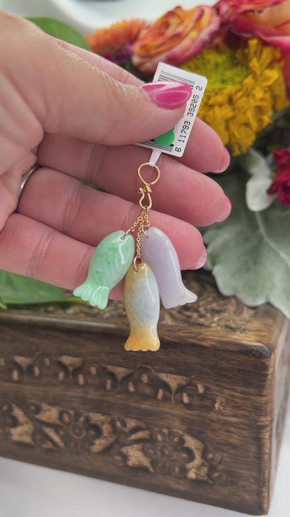 14K YELLOW GOLD GREEN, LAVENDER & YELLOW JADEITE JADE FISH PENDANT UPC #392052