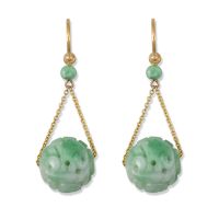 14K YELLOW GOLD GREEN JADEITE JADE CARVED BEAD EARRING UPC #379909